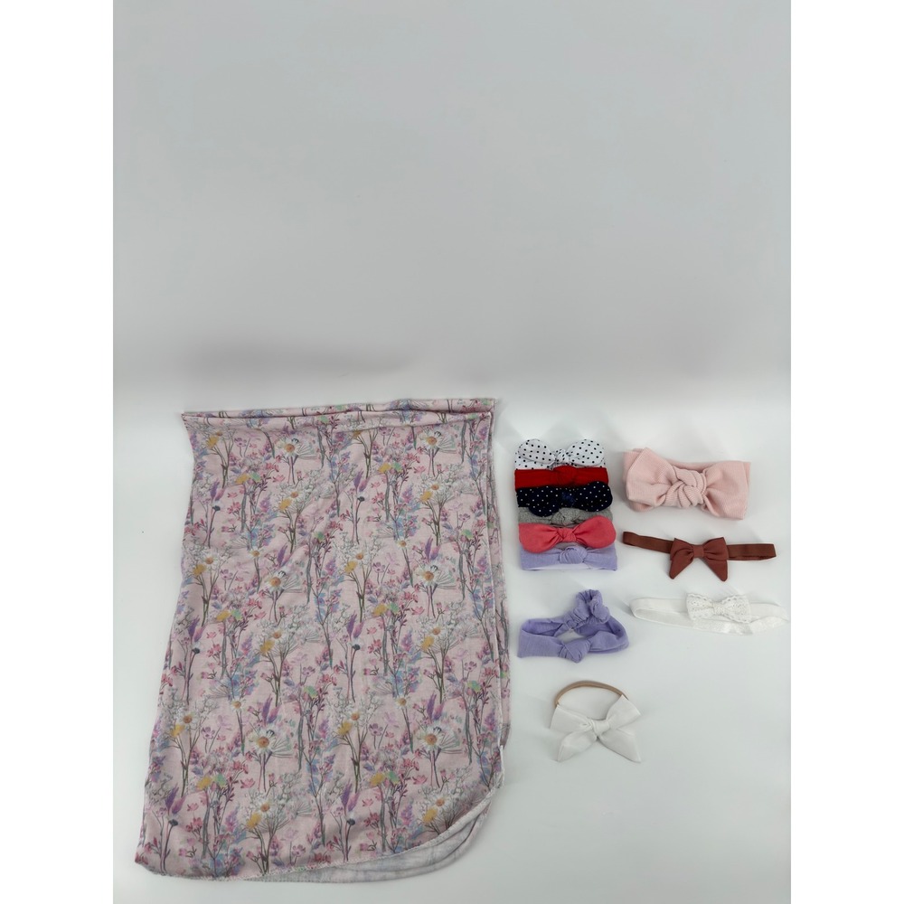 Toby Baby Swaddle Blanket and Headband Set Pink Floral Wildflower 10 Piece Lot